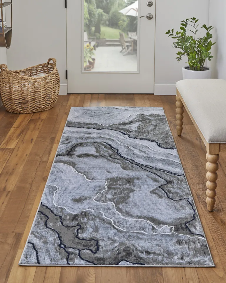 8' Taupe Gray And Blue Abstract Power Loom Stain Resistant Runner Rug Photo 1