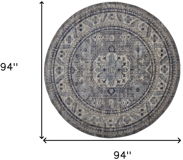 8' Taupe Gray And Blue Round Floral Stain Resistant Area Rug Photo 4