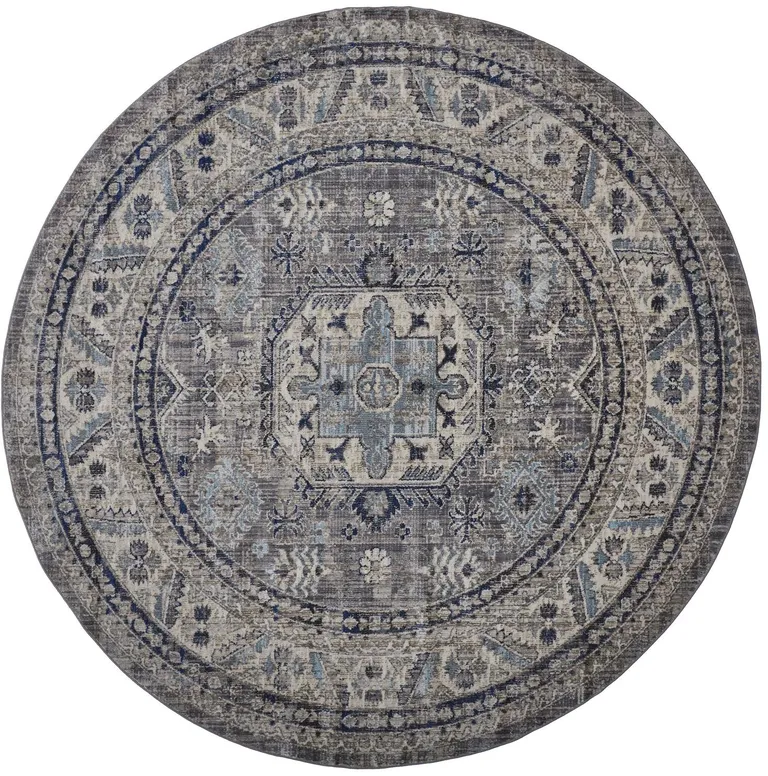 8' Taupe Gray And Blue Round Floral Stain Resistant Area Rug Photo 1