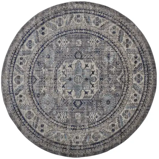 8' Taupe Gray And Blue Round Floral Stain Resistant Area Rug Photo 1