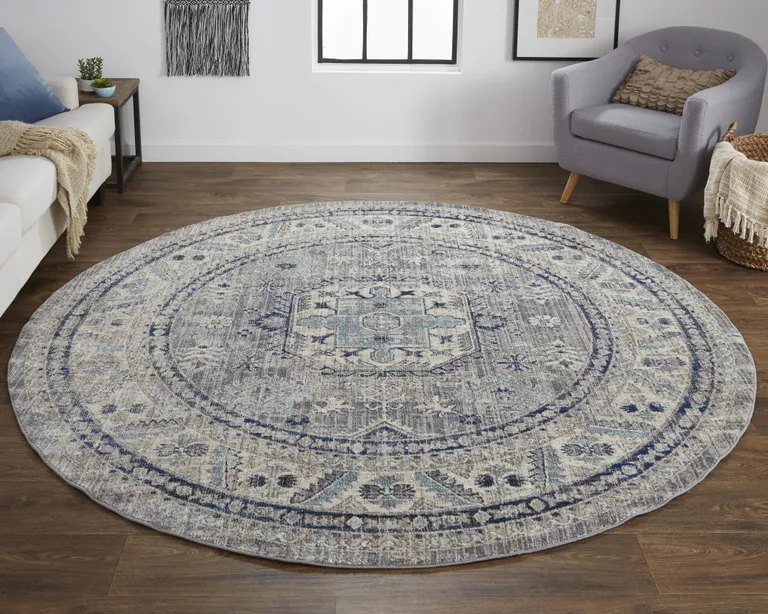 8' Taupe Gray And Blue Round Floral Stain Resistant Area Rug Photo 2