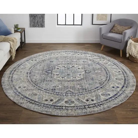 8' Taupe Gray And Blue Round Floral Stain Resistant Area Rug Photo 2