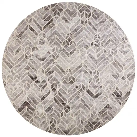 8' Taupe Gray And Ivory Round Wool Geometric Tufted Handmade Area Rug Photo 1