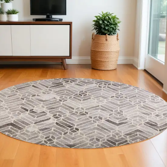 8' Gray and Ivory Round Wool Geometric Hand Tufted Area Rug Photo 1