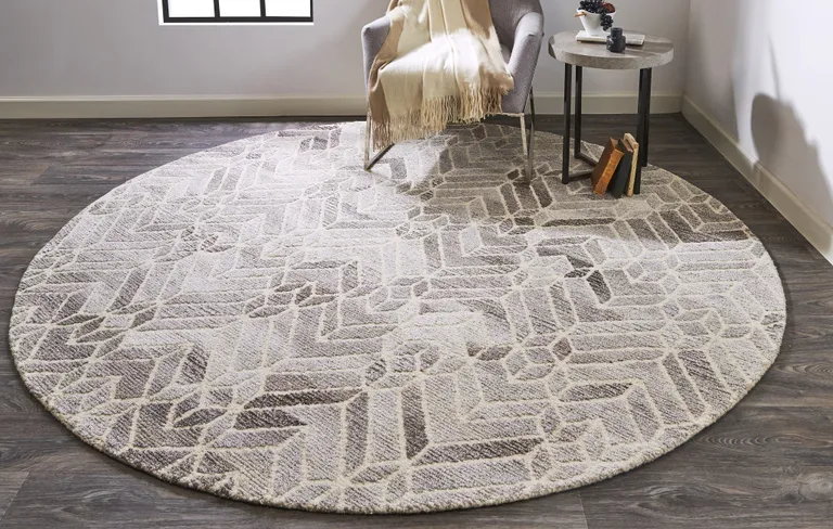 8' Taupe Gray And Ivory Round Wool Geometric Tufted Handmade Area Rug Photo 4