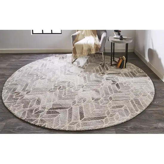 8' Taupe Gray And Ivory Round Wool Geometric Tufted Handmade Area Rug Photo 4