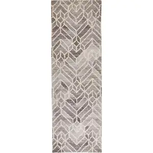 Photo of 8' Taupe Gray And Ivory Wool Geometric Tufted Handmade Runner Rug