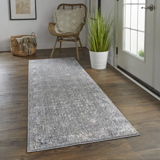 8' Taupe Gray And Orange Floral Power Loom Runner Rug Photo 2