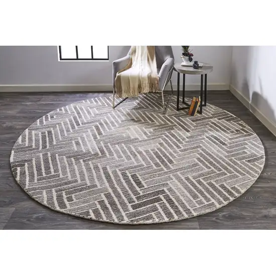 8' Taupe Gray And Tan Round Wool Geometric Tufted Handmade Area Rug Photo 4