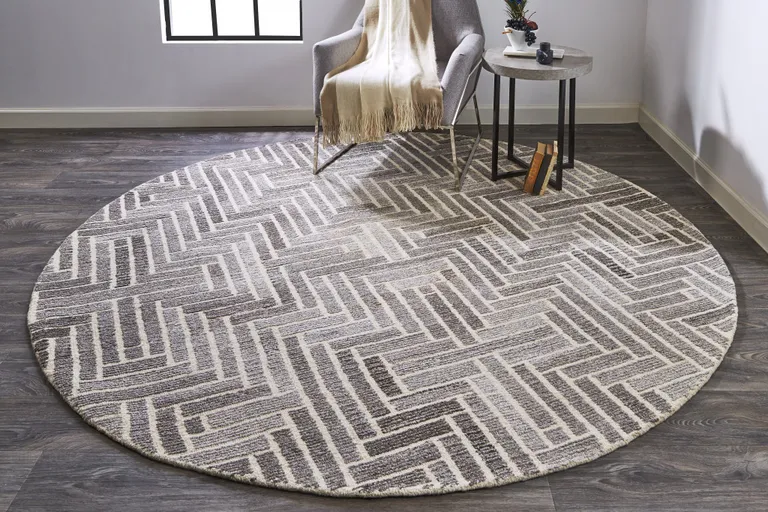 8' Taupe Gray And Tan Round Wool Geometric Tufted Handmade Area Rug Photo 4