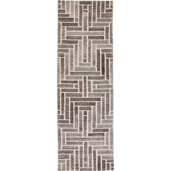 8' Taupe Gray And Tan Wool Geometric Tufted Handmade Runner Rug Photo 1