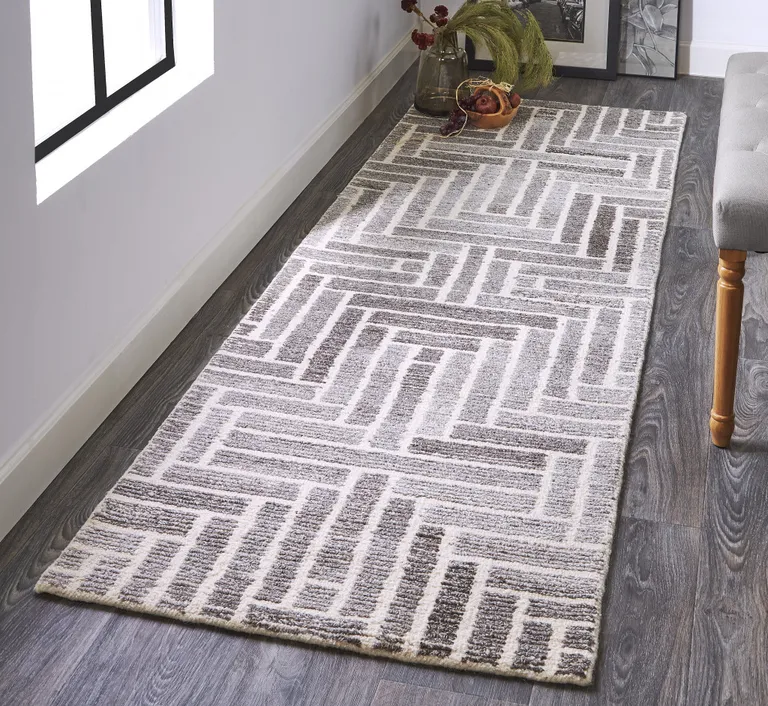 8' Taupe Gray And Tan Wool Geometric Tufted Handmade Runner Rug Photo 5