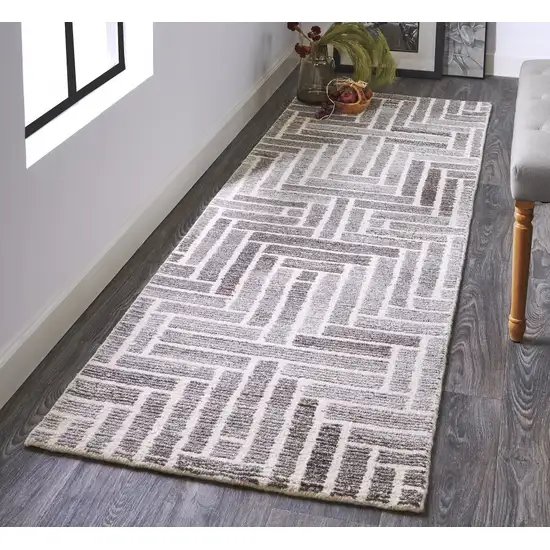 8' Taupe Gray And Tan Wool Geometric Tufted Handmade Runner Rug Photo 5