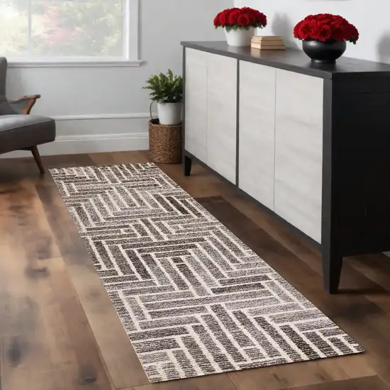 Tan and Gray Wool Geometric Hand Tufted Runner Rug Photo 1