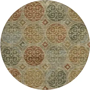 Photo of 8' Taupe Green And Gold Round Trellis Washable Indoor Outdoor Area Rug