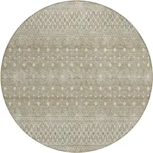 Photo of 8' Taupe Green And Ivory Round Tribal Washable Indoor Outdoor Area Rug