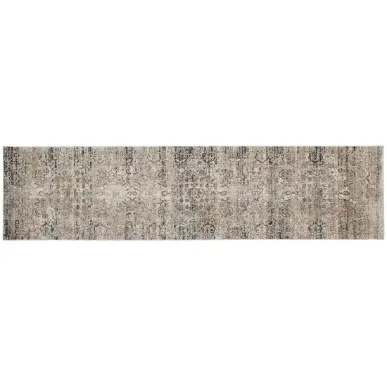 10' Taupe Ivory And Gray Abstract Distressed Runner Rug With Fringe Photo 1