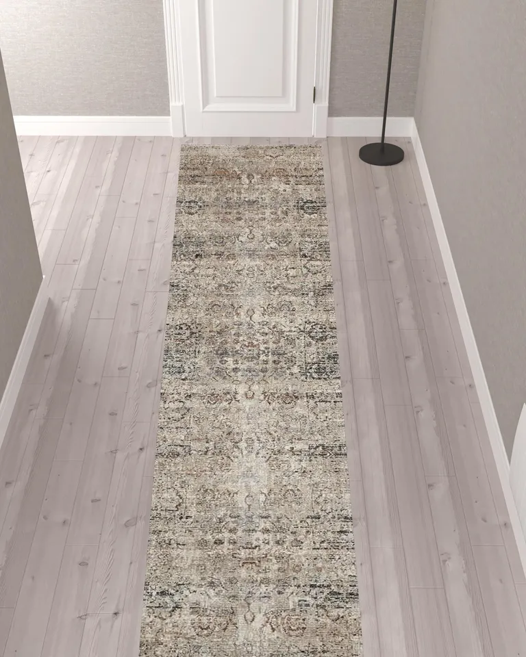 12' Taupe Ivory And Gray Abstract Distressed Runner Rug With Fringe Photo 2