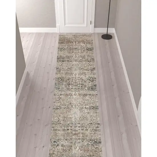 12' Taupe Ivory And Gray Abstract Distressed Runner Rug With Fringe Photo 2