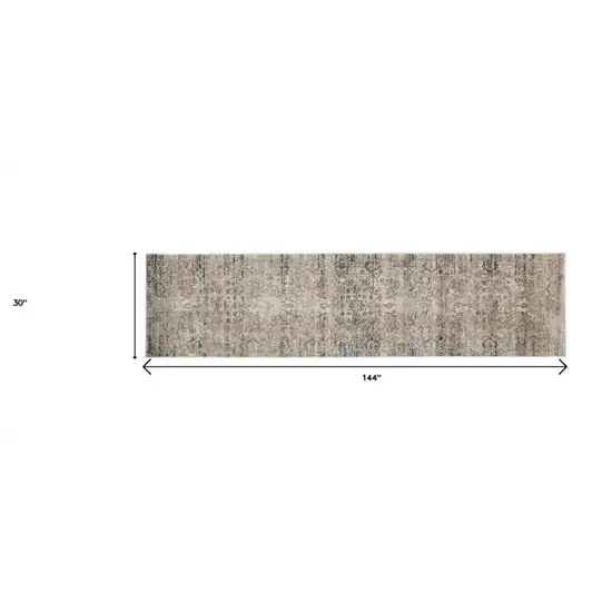 12' Taupe Ivory And Gray Abstract Distressed Runner Rug With Fringe Photo 4