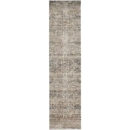 12' Taupe Ivory And Gray Abstract Distressed Runner Rug With Fringe Photo 1