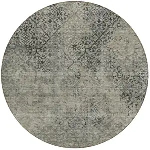 Photo of 8' Taupe Khaki And Charcoal Round Floral Washable Indoor Outdoor Area Rug