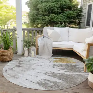 Photo of 8' Taupe Khaki And Ivory Round Abstract Washable Indoor Outdoor Area Rug