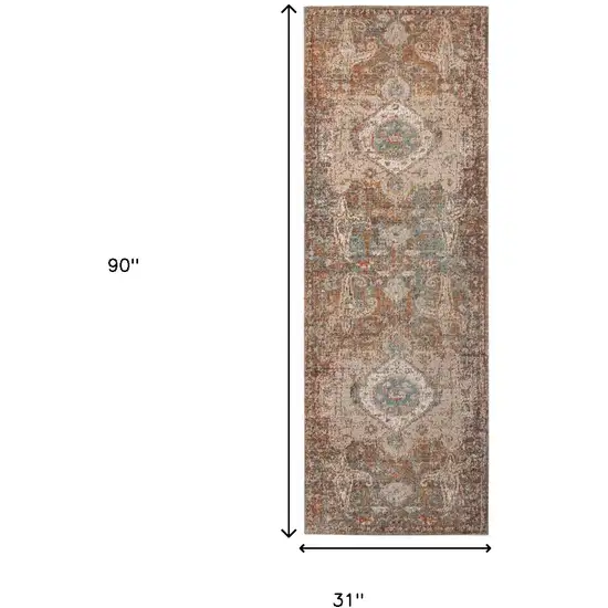 7' Taupe Medallion Power Loom Runner Rug With Fringe Photo 6