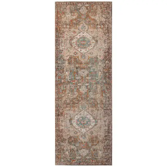 7' Taupe Medallion Power Loom Runner Rug With Fringe Photo 1