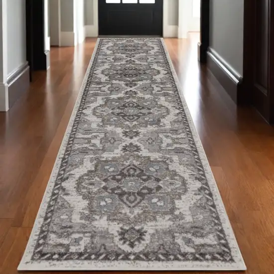 10' Ivory Taupe and Gray Medallion Power Loom Runner Rug Photo 1