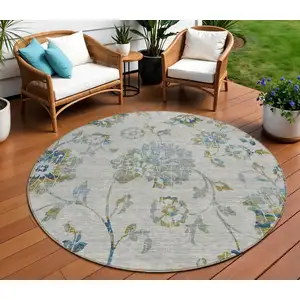 Photo of 8' Taupe Navy Blue And Denim Blue Round Floral Washable Indoor Outdoor Area Rug