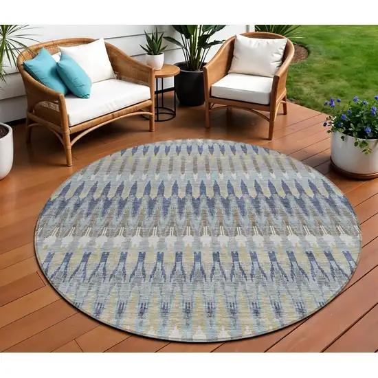 8' Taupe Navy Blue And Denim Blue Round Southwestern Washable Indoor Outdoor Area Rug Photo 1