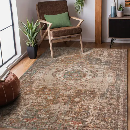 6' Taupe Round Medallion Power Loom Area Rug With Fringe Photo 5