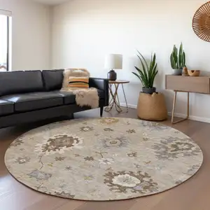 Photo of 8' Taupe Silver And Gray Round Floral Washable Indoor Outdoor Area Rug