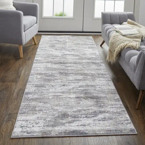 8' Taupe Tan And Orange Abstract Power Loom Distressed Stain Resistant Runner Rug Photo 2