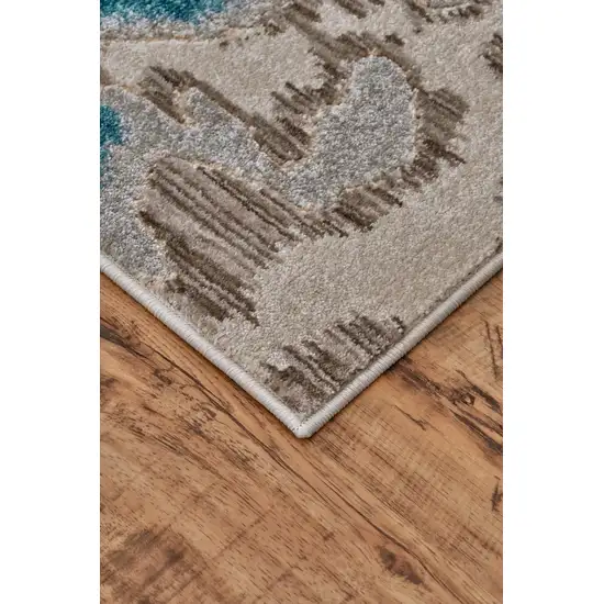 8' Taupe and Blue Abstract Power Loom Runner Rug Photo 5