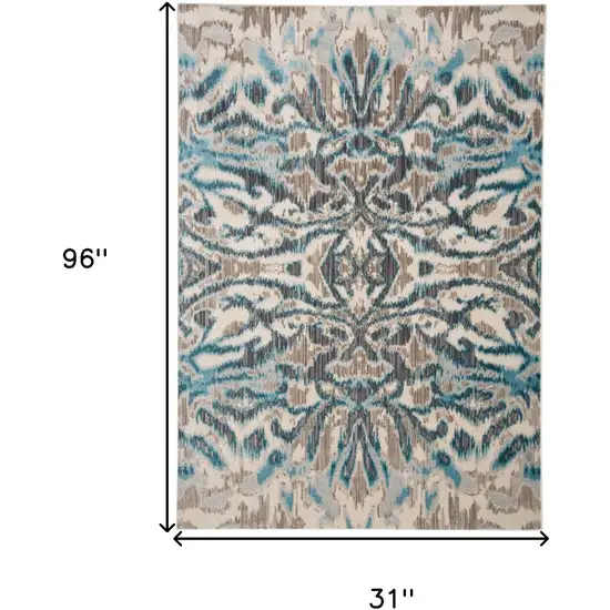 8' Taupe and Blue Abstract Power Loom Runner Rug Photo 3