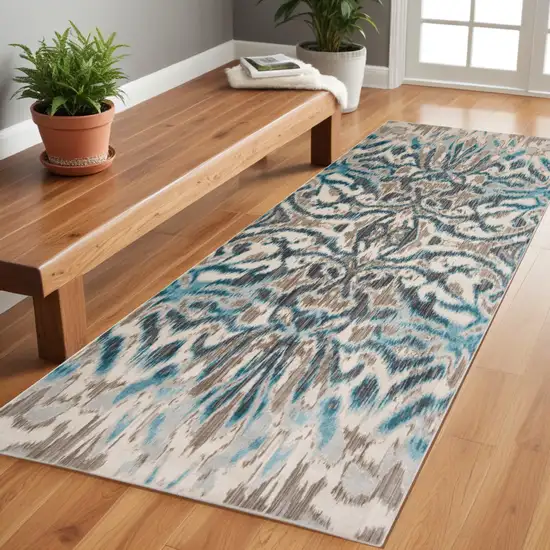 8' Taupe and Blue Abstract Power Loom Runner Rug Photo 1