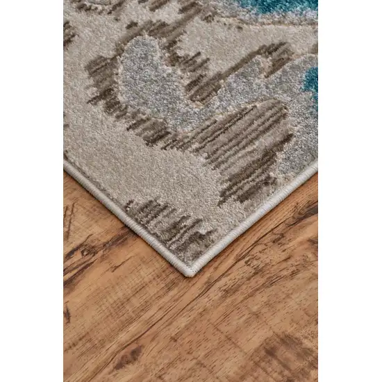 8' Taupe and Blue Abstract Power Loom Runner Rug Photo 8