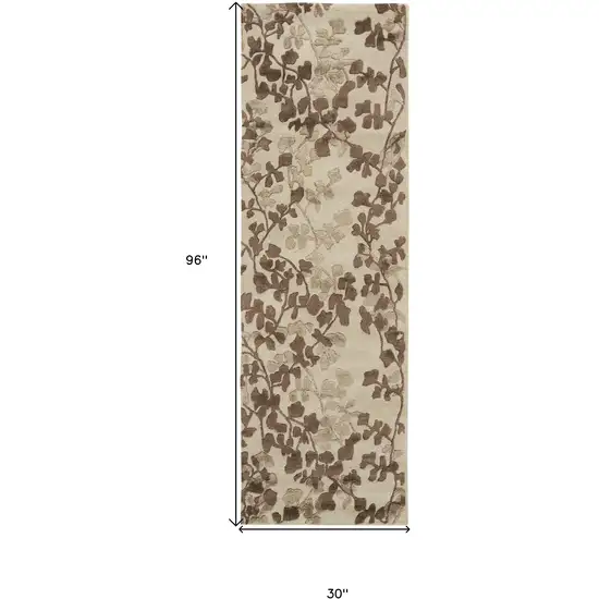 8' Taupe and Brown Floral Hand Tufted Runner Rug Photo 7