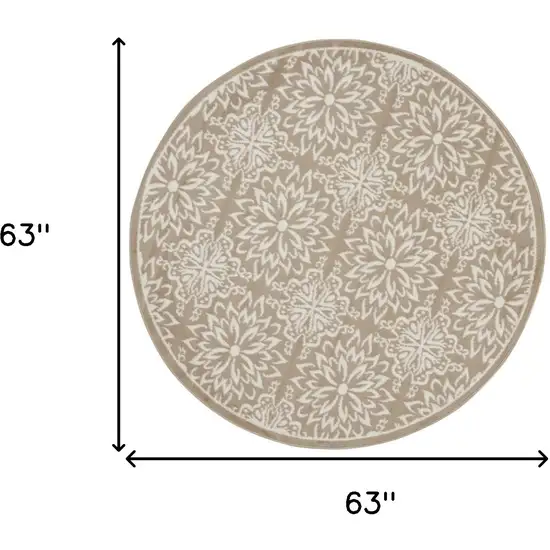 5' Taupe and Ivory Floral Non Skid Round Rug Photo 3