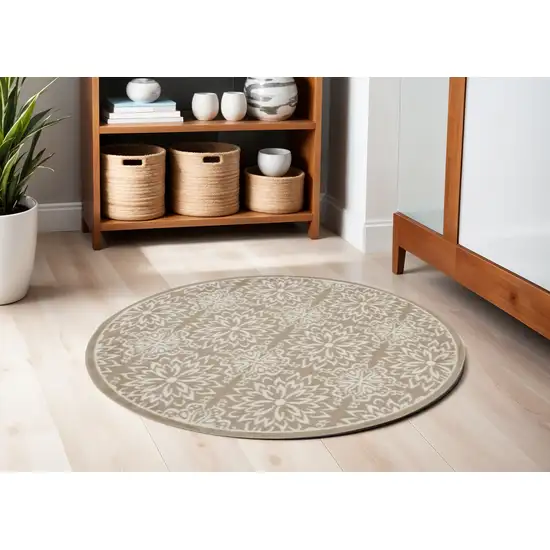 5' Taupe and Ivory Floral Non Skid Round Rug Photo 1