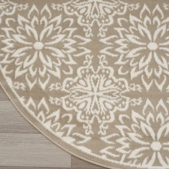 5' Taupe and Ivory Floral Non Skid Round Rug Photo 7