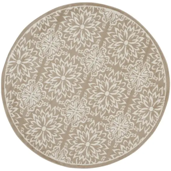 5' Taupe and Ivory Floral Non Skid Round Rug Photo 2