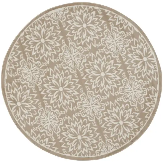 5' Taupe and Ivory Floral Non Skid Round Rug Photo 5