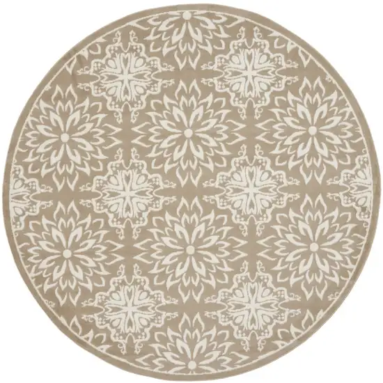 8' Taupe and Ivory Floral Non Skid Round Rug Photo 4