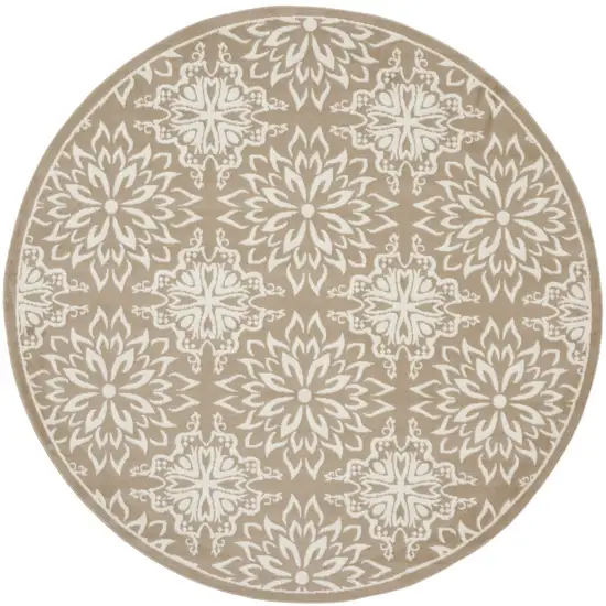 8' Taupe and Ivory Floral Non Skid Round Rug Photo 2