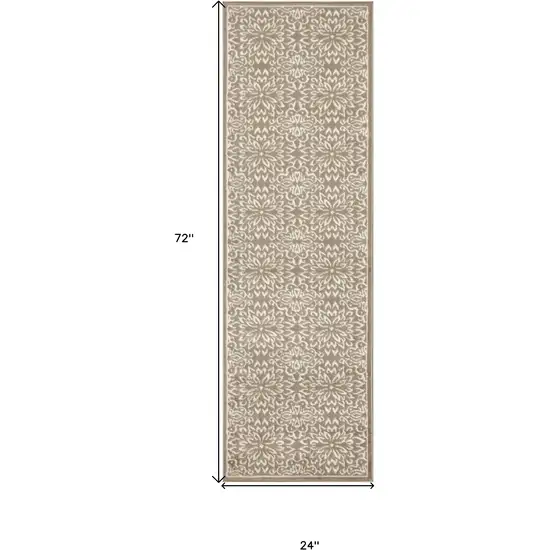 6' Taupe and Ivory Floral Non Skid Runner Rug Photo 3