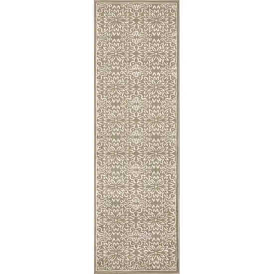 6' Taupe and Ivory Floral Non Skid Runner Rug Photo 5