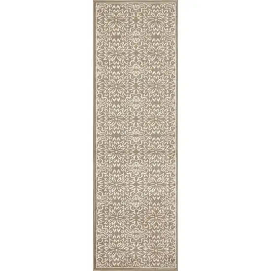 6' Taupe and Ivory Floral Non Skid Runner Rug Photo 2